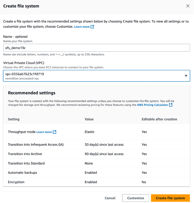This screenshot shows how to create a file system.