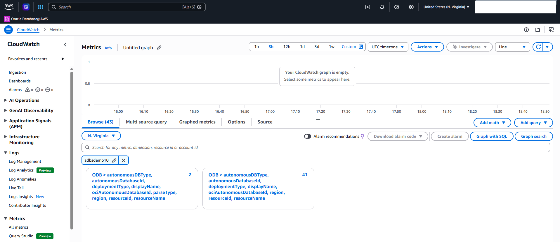 This screenshot shows how to view the Autonomous AI Database metrics.