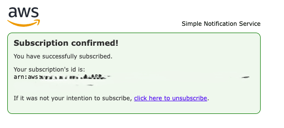 This screenshot shows an example of a subscription confirmation with the subscription ID.