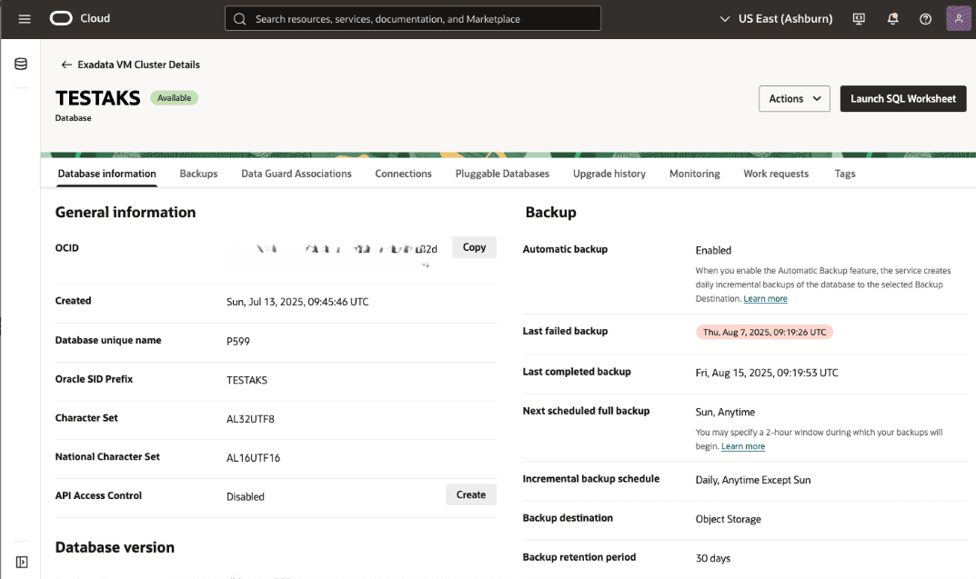 This screenshot shows how to obtain the Exadata Container Database details.