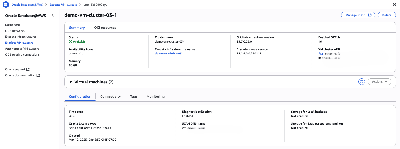 This screenshot shows how to monitor Exadata VM Cluster metrics.