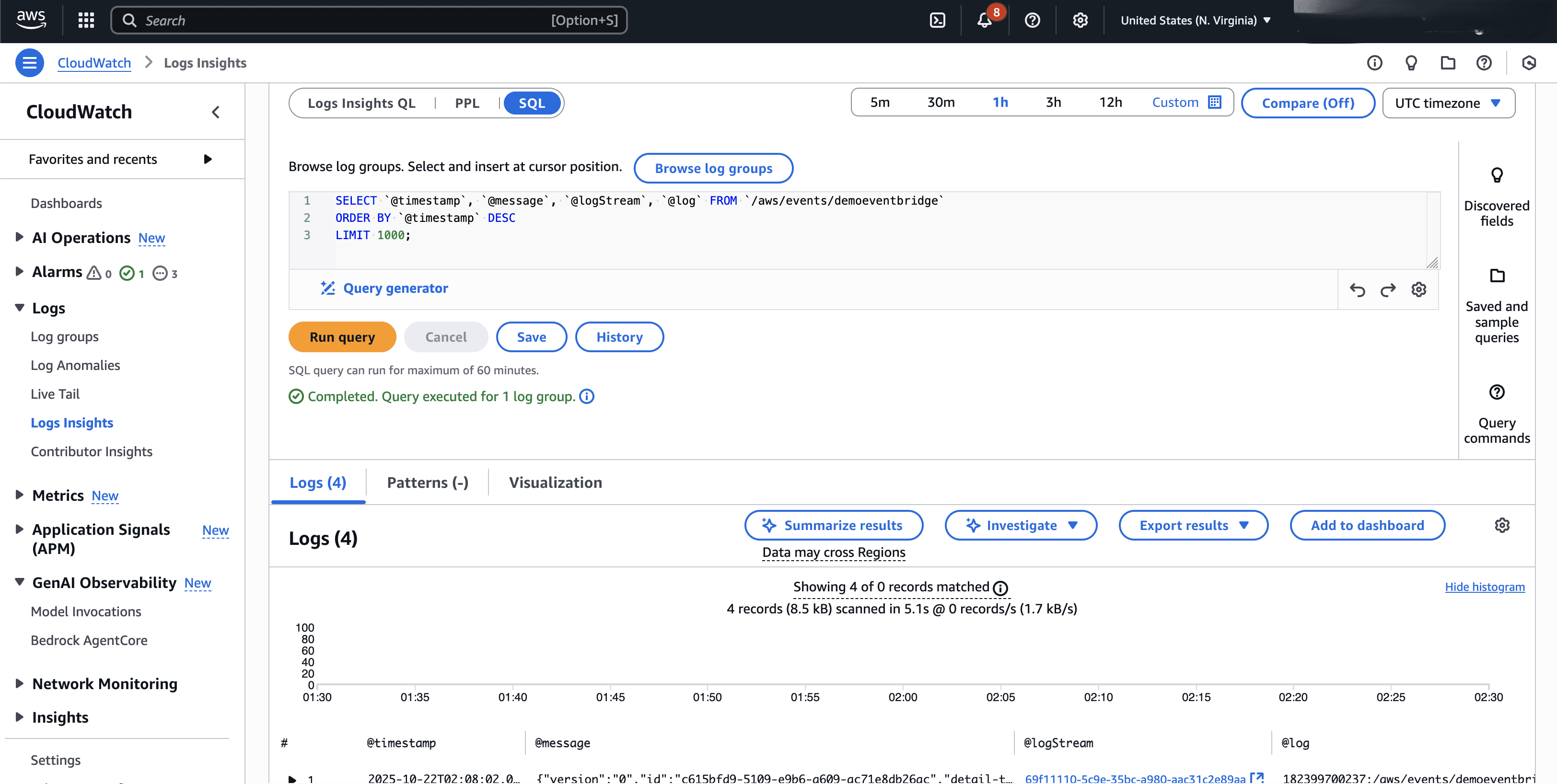 This screenshot shows how to use Log Insights for analysis.