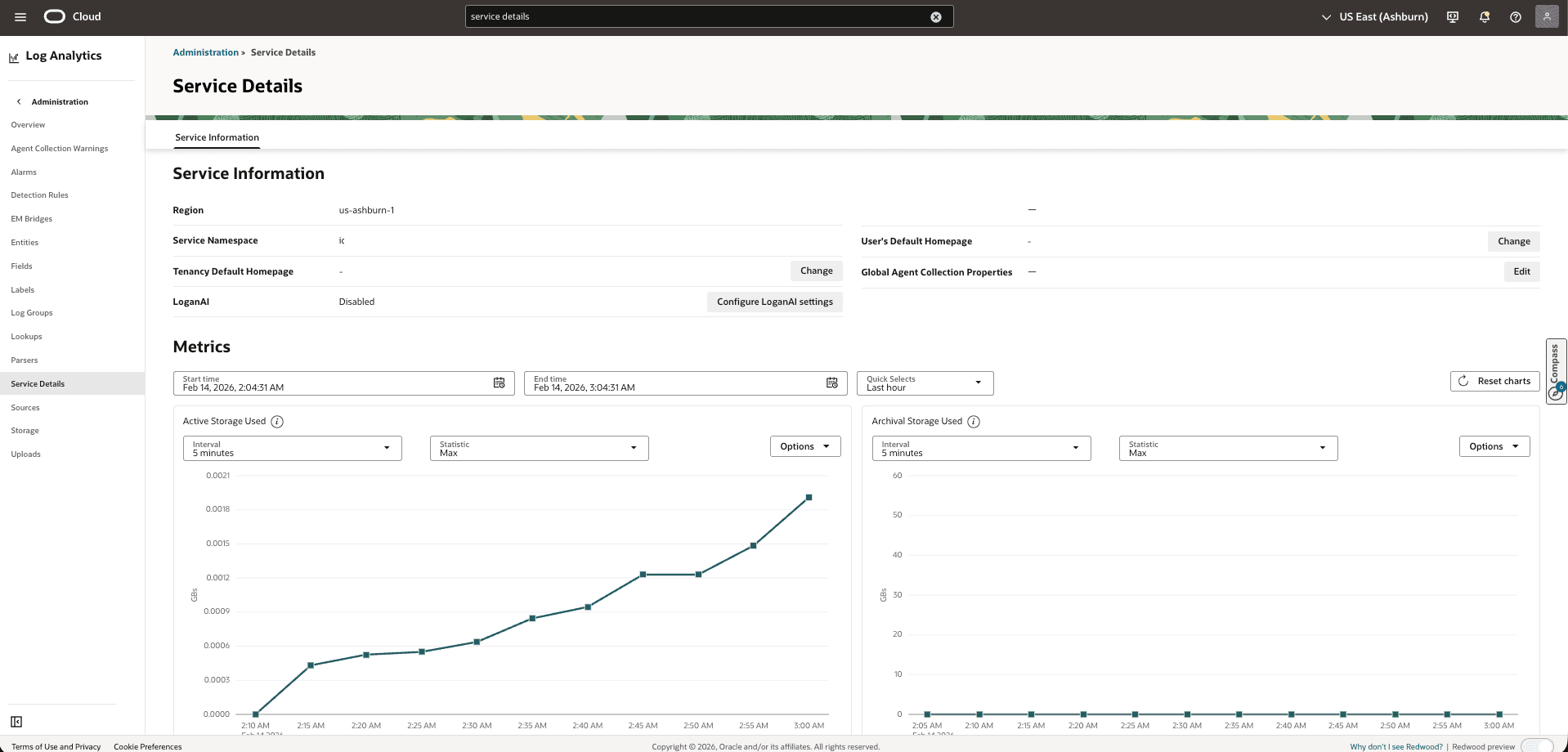 Log Analytics Service Details page showing LoganAI disabled.