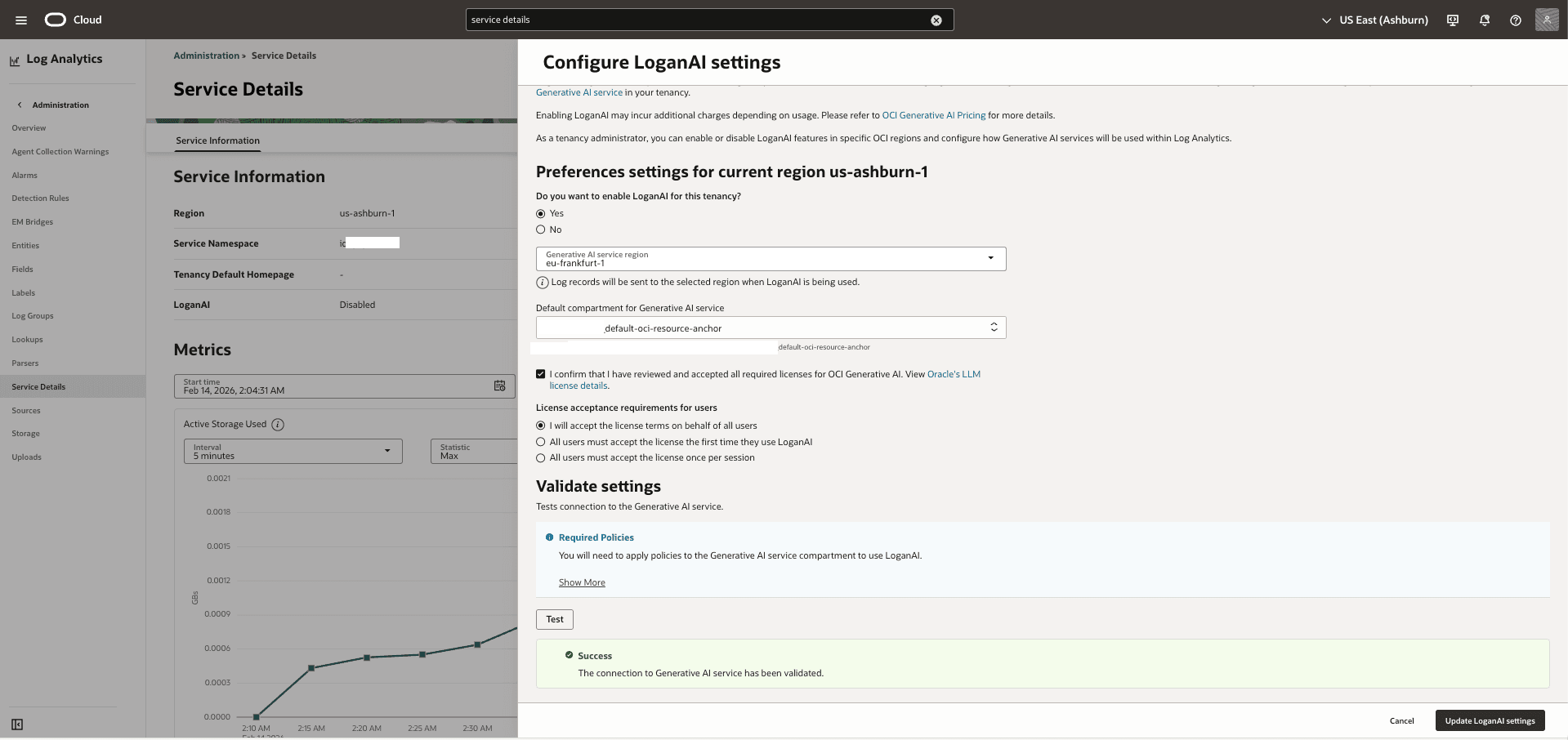 This screenshot shows the LoganAI configuration settings.