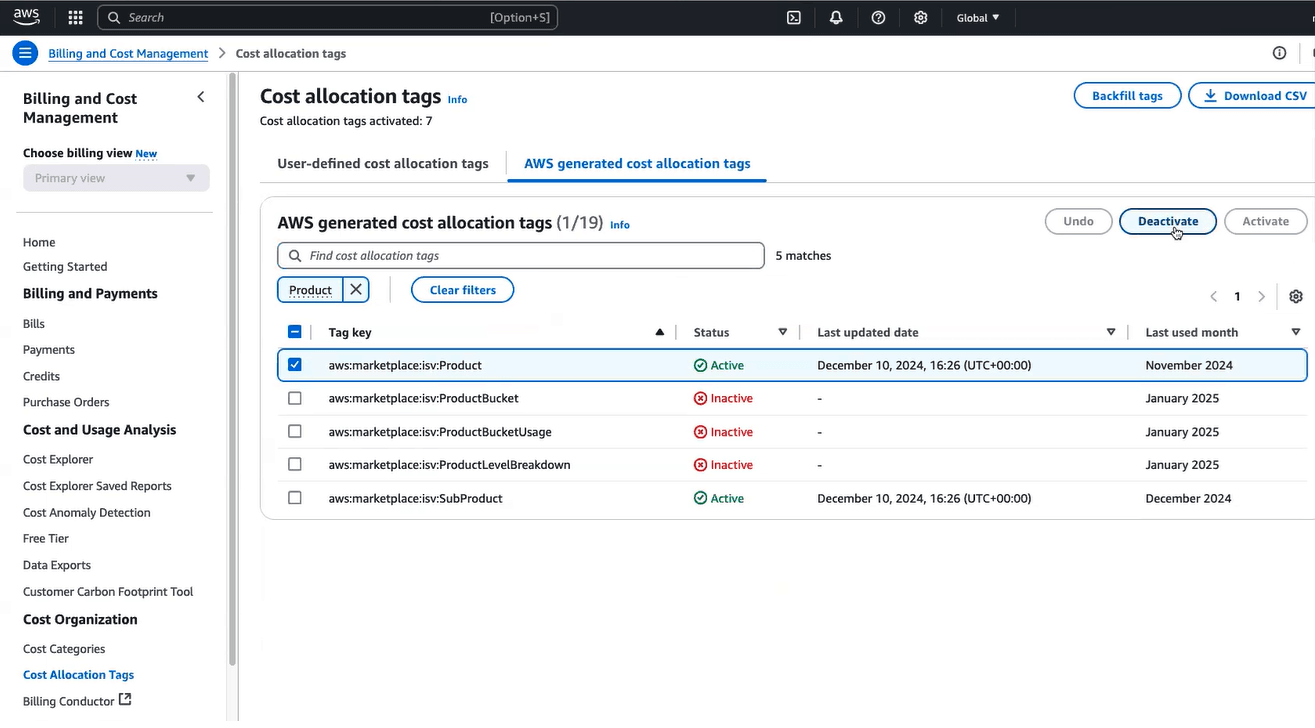 This screenshot shows the cost allocation tags page.