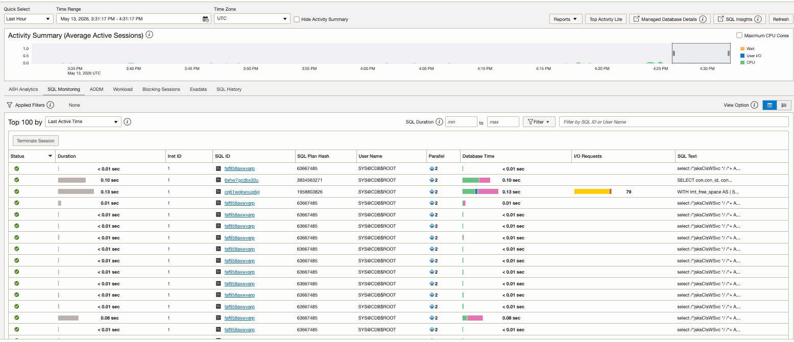 This screenshot shows how to monitor using SQL Monitoring.