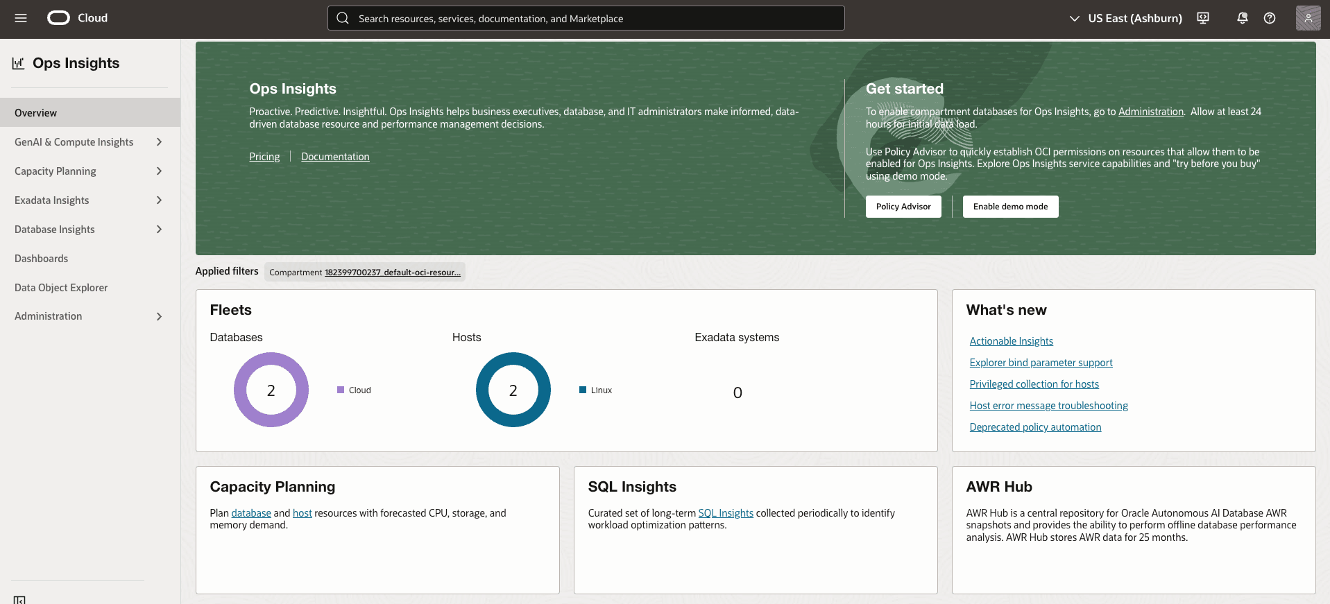This screenshot shows how to navigate to Ops Insights Overview page.