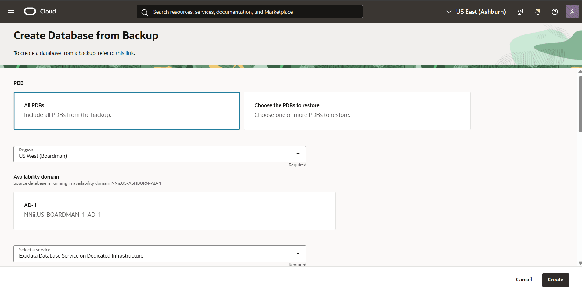 This screenshot shows how to create a database from backup.
