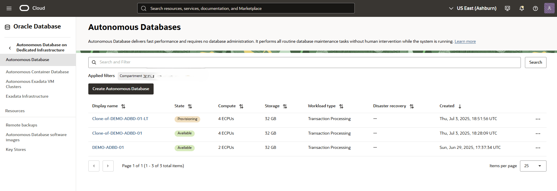 This screenshot shows how to clone an Autonomous AI Database from Long-Term Backup