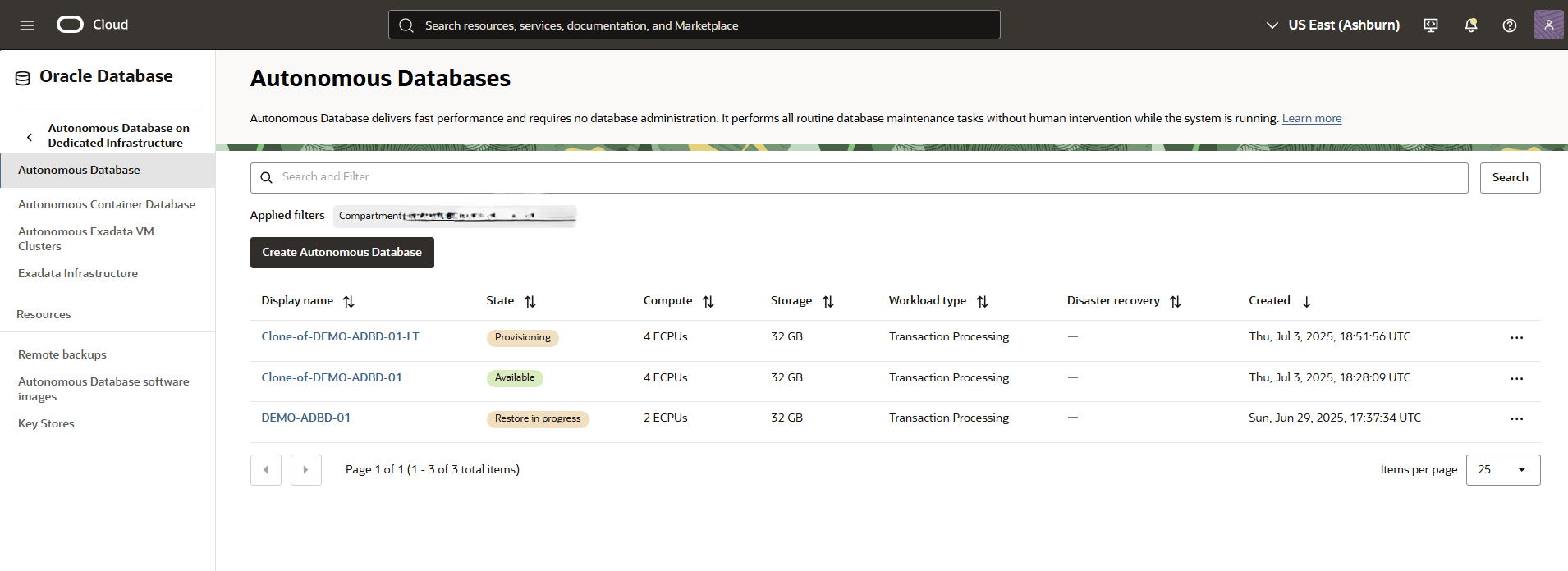 This screenshot shows how to restore Autonomous AI Database from Point-in-Time Restore