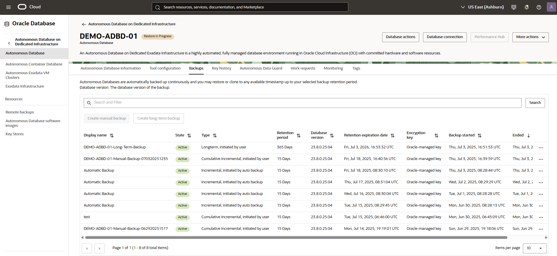 This screenshot shows how to restore Autonomous AI Database from Automatic Backup