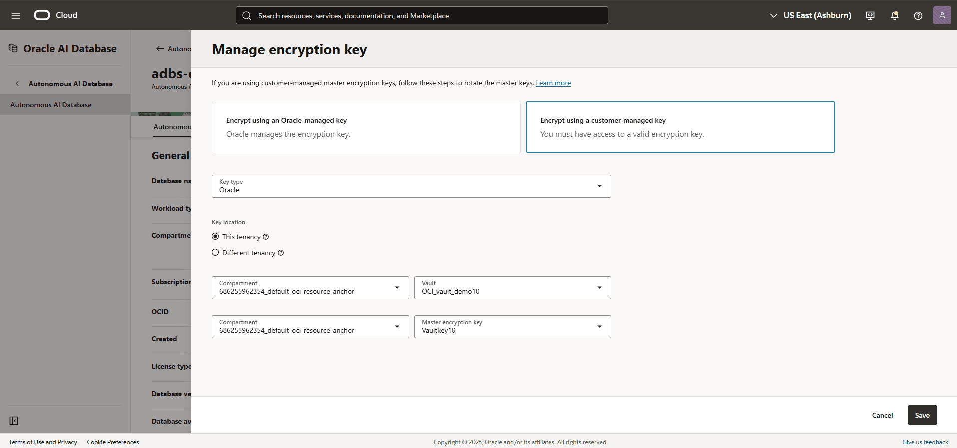 This screenshot shows how to manage encryption key.