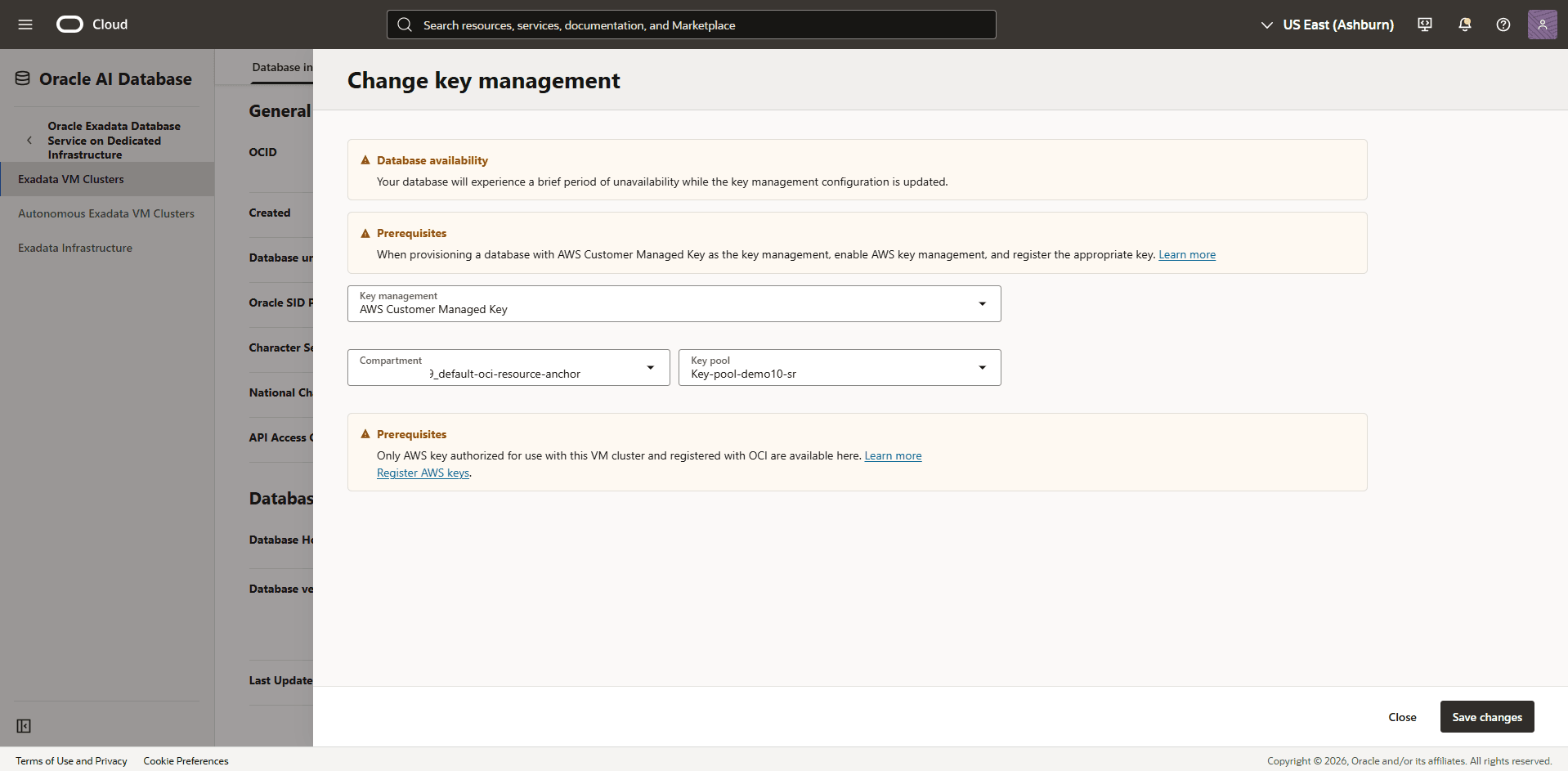 This screenshot shows how to change key management.