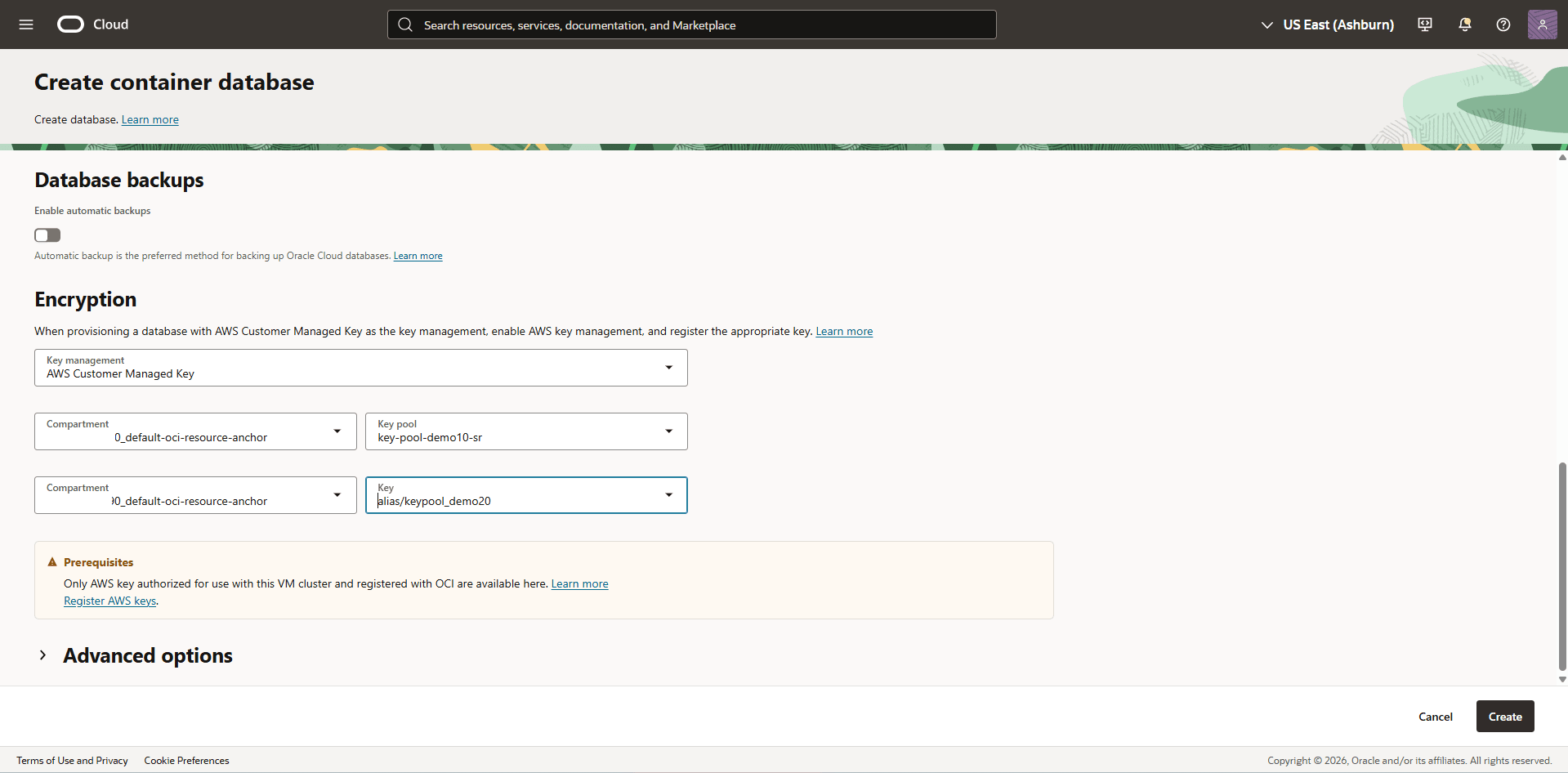 The Create Container Database form with AWS Customer Managed Key selected.