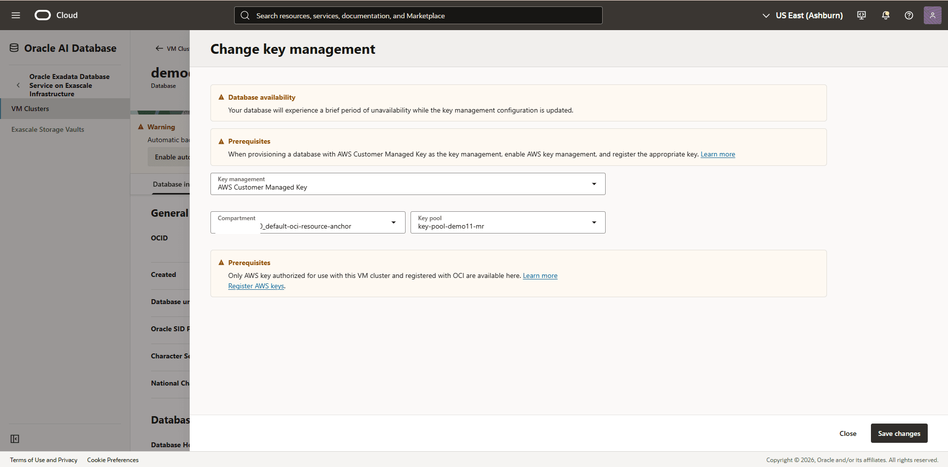 This screenshot shows how to change key management.