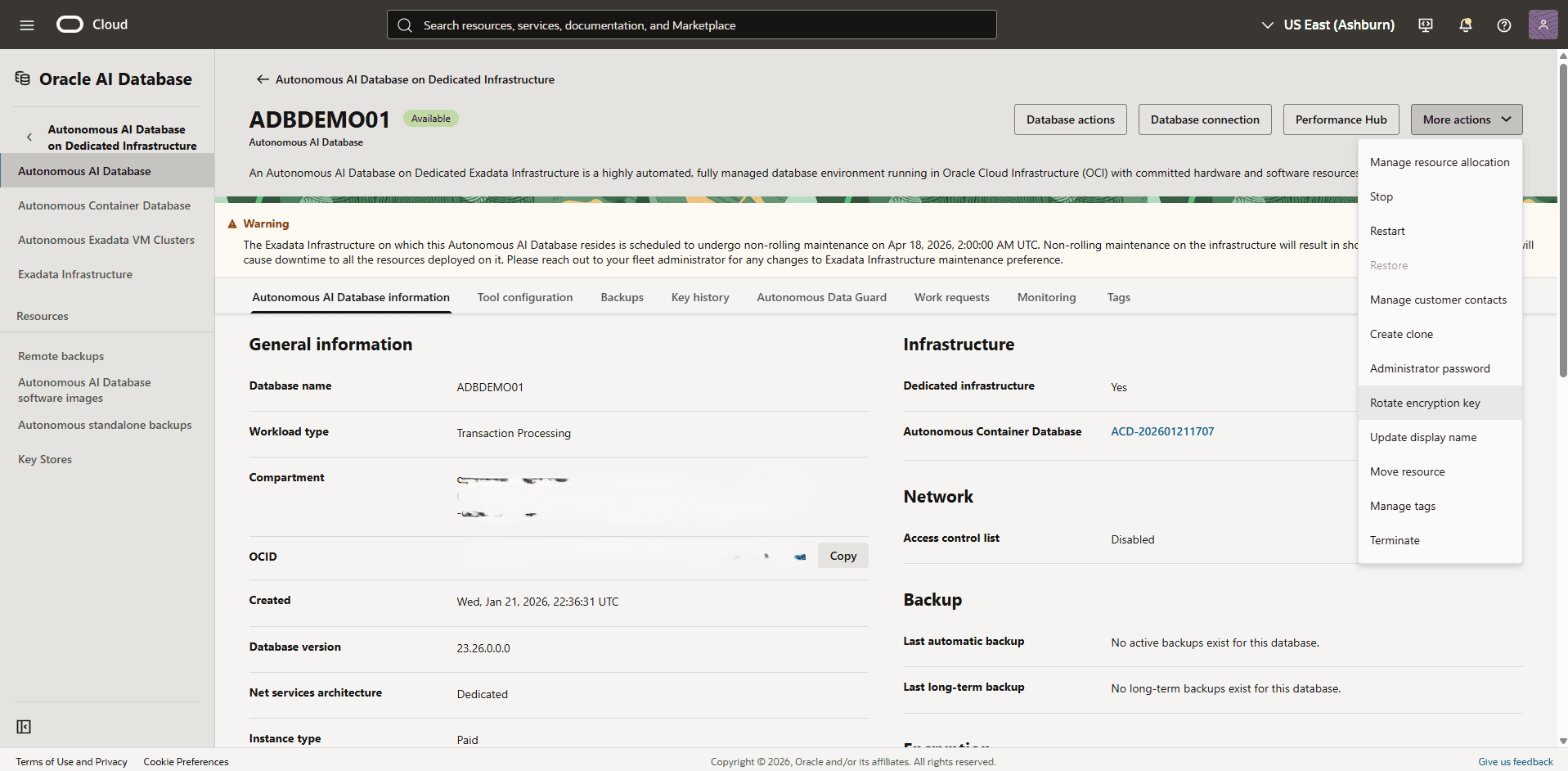 This screenshot shows how to rotate the encryption key of an Autonomous AI Database.
