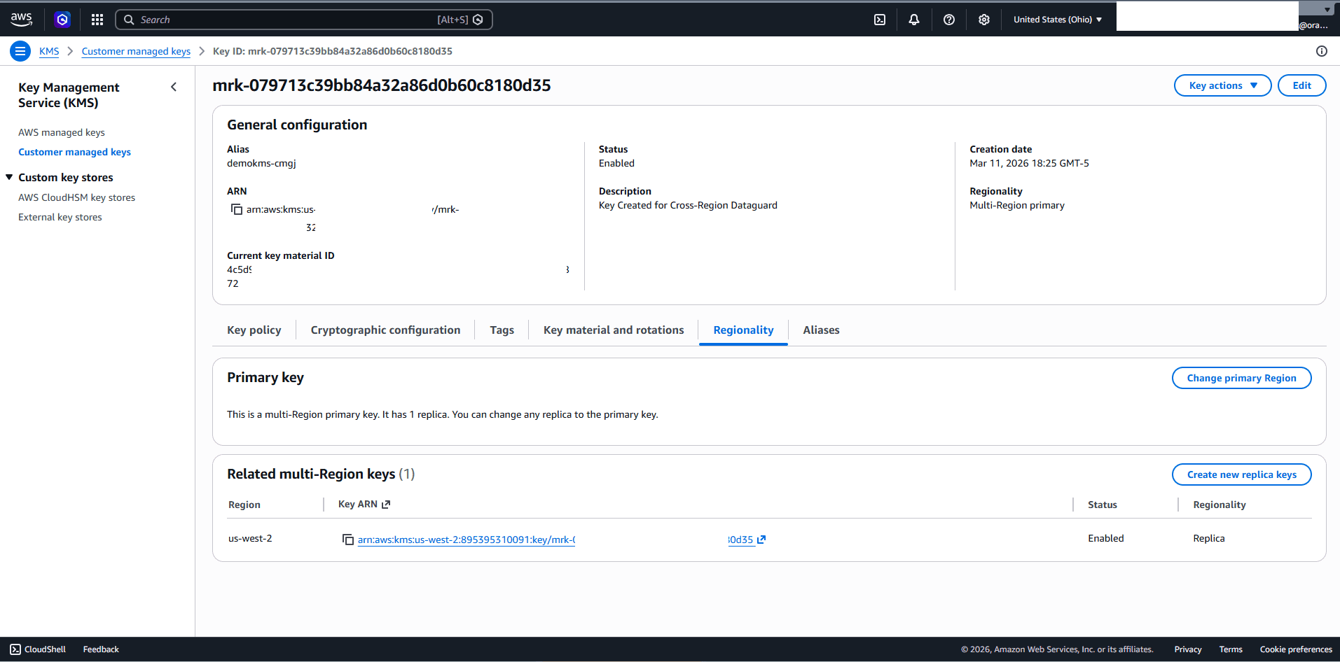 This screenshot shows how to enable the multi-region key in AWS KMS.
