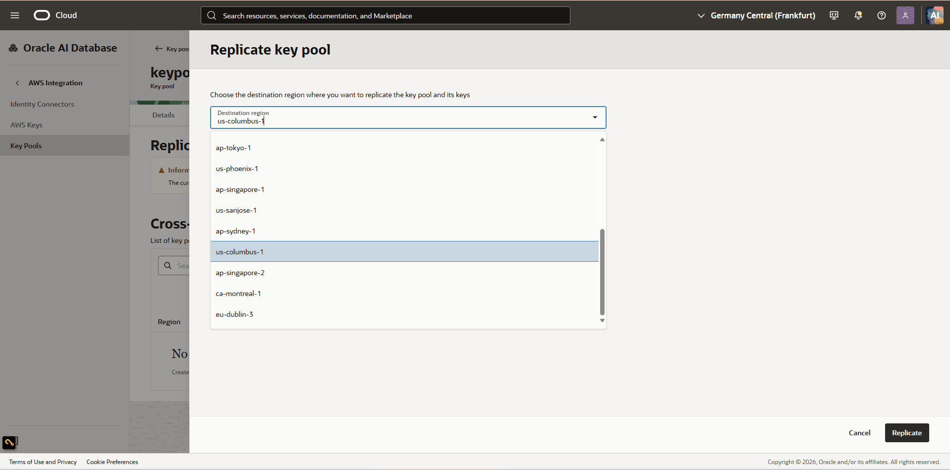 This screenshot shows how to enable cross-region replication for a key pool.