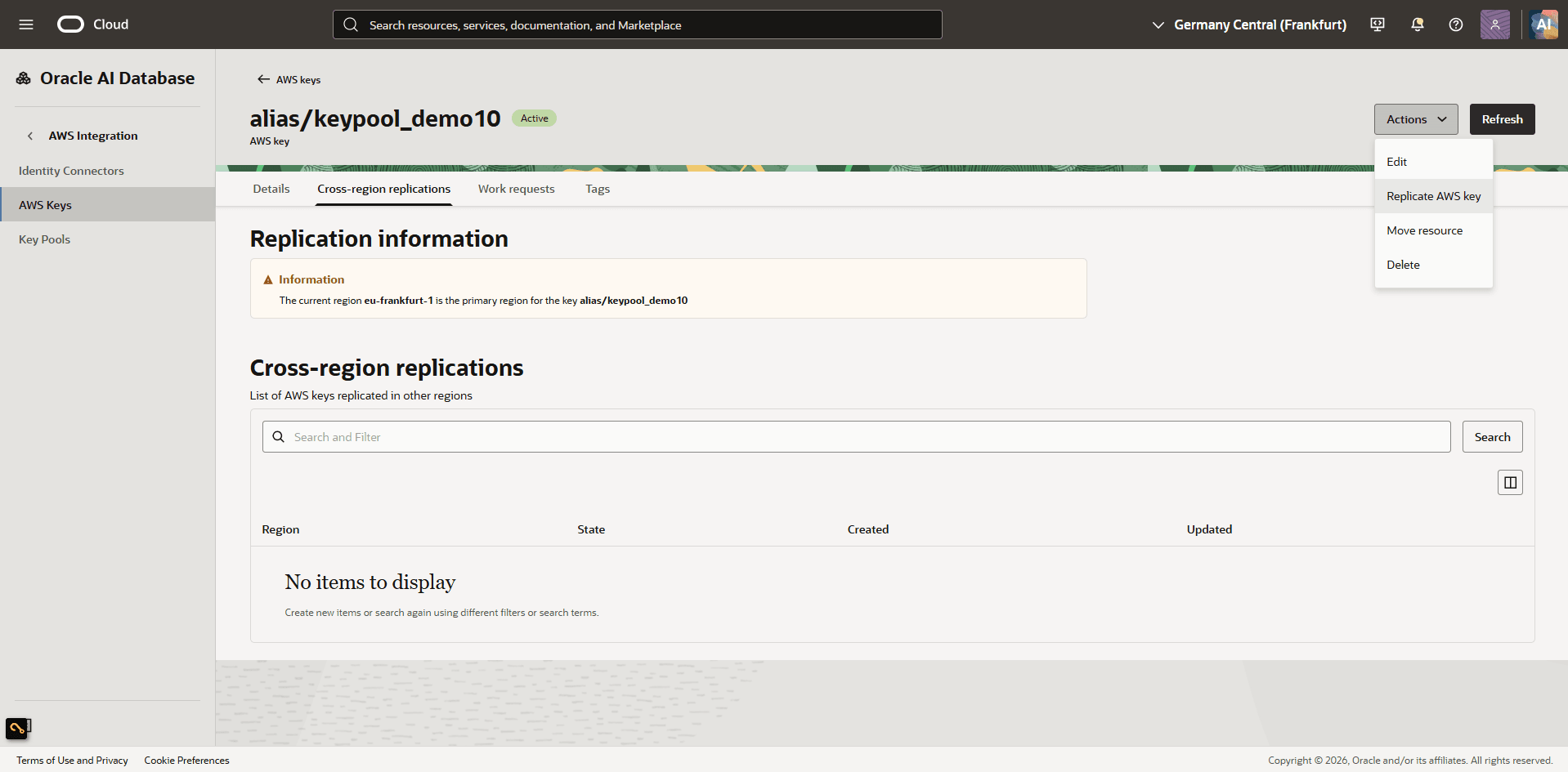 This screenshot shows how to enable cross-region replication for a key.