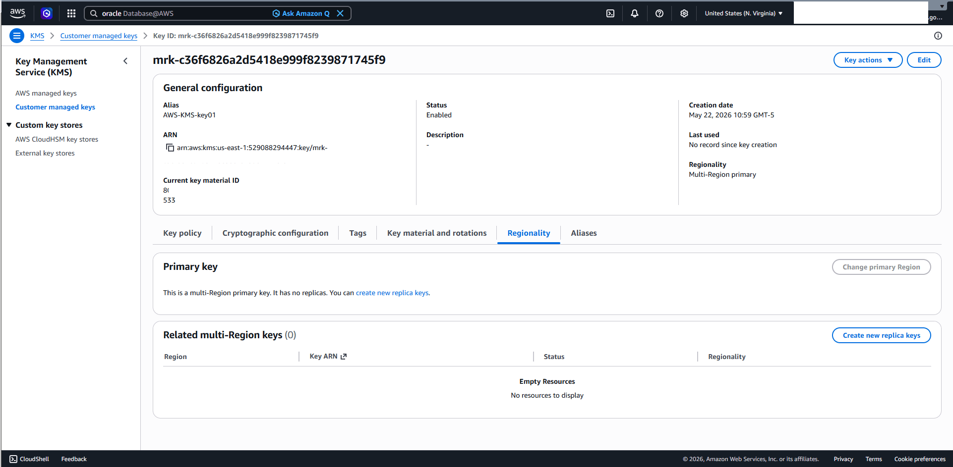 This screenshot shows how to enable the multi-region key in AWS KMS.
