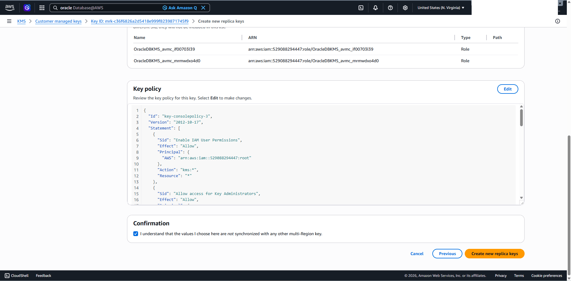 This screenshot shows how to enable the multi-region key in AWS KMS.
