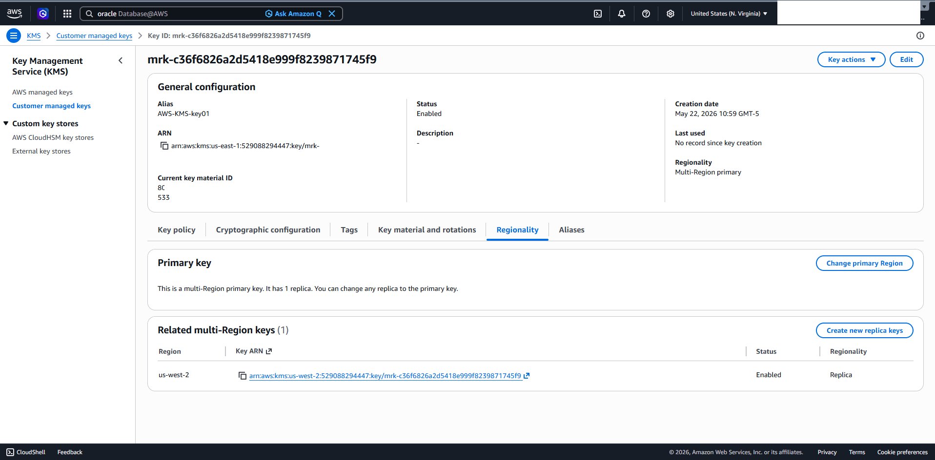 This screenshot shows how to enable the multi-region key in AWS KMS.