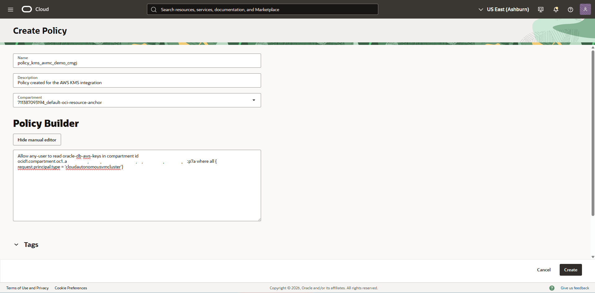 This screenshot shows how to create an OCI policy.