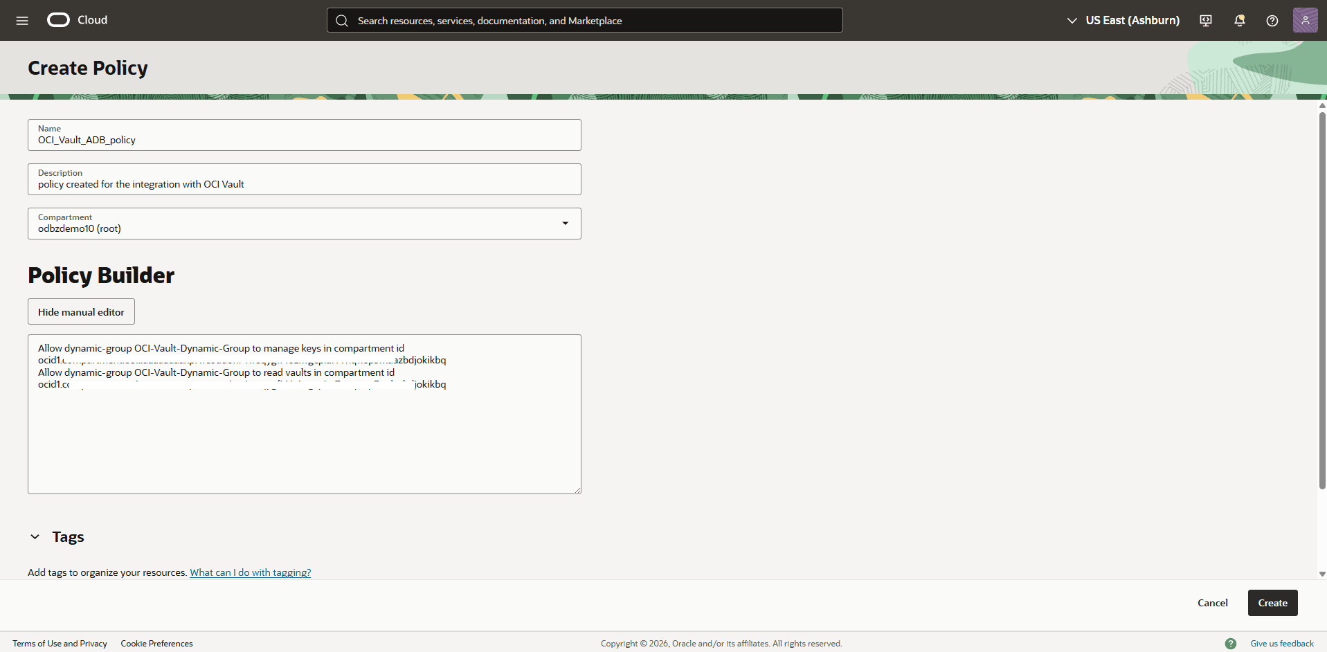 This screenshot shows how to create policy.
