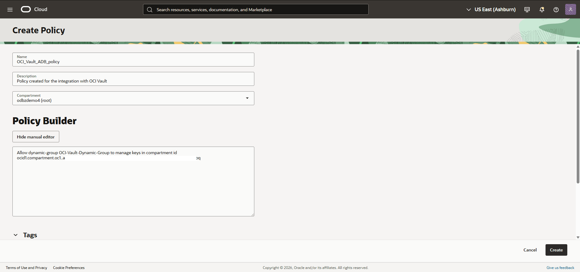 This screenshot shows how to create policy.
