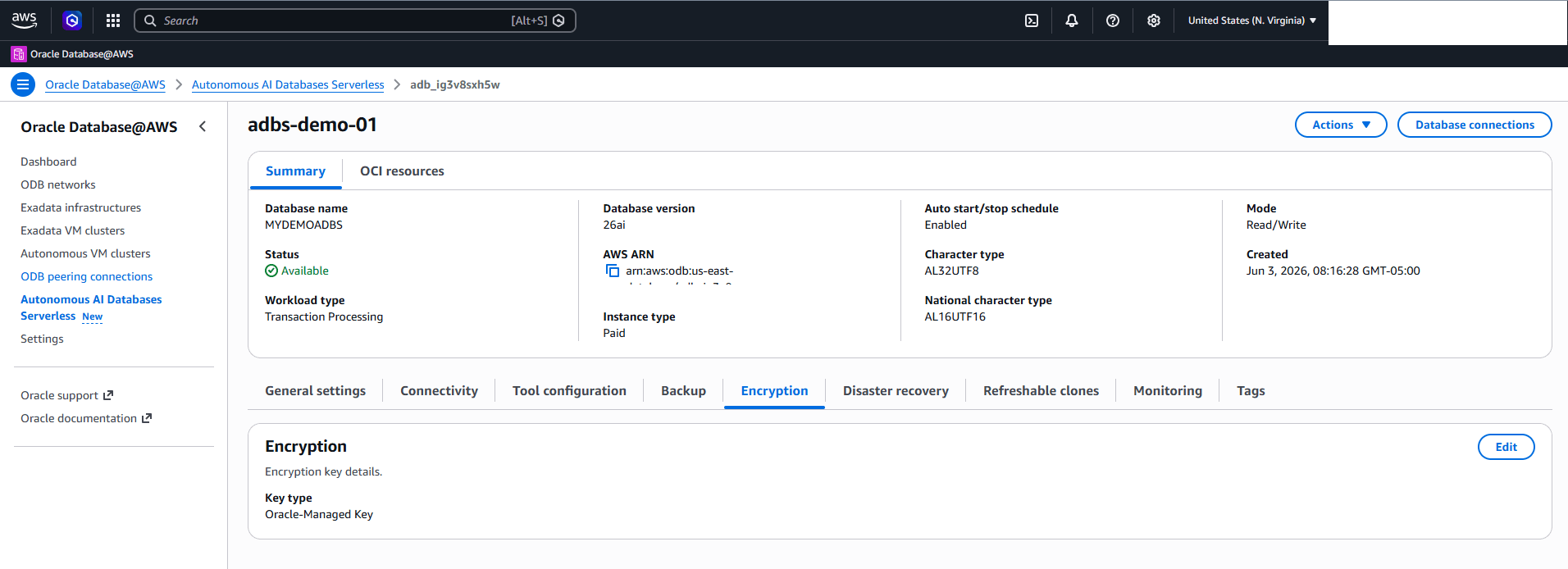 This screenshot shows how to enable AWS KMS for the database.