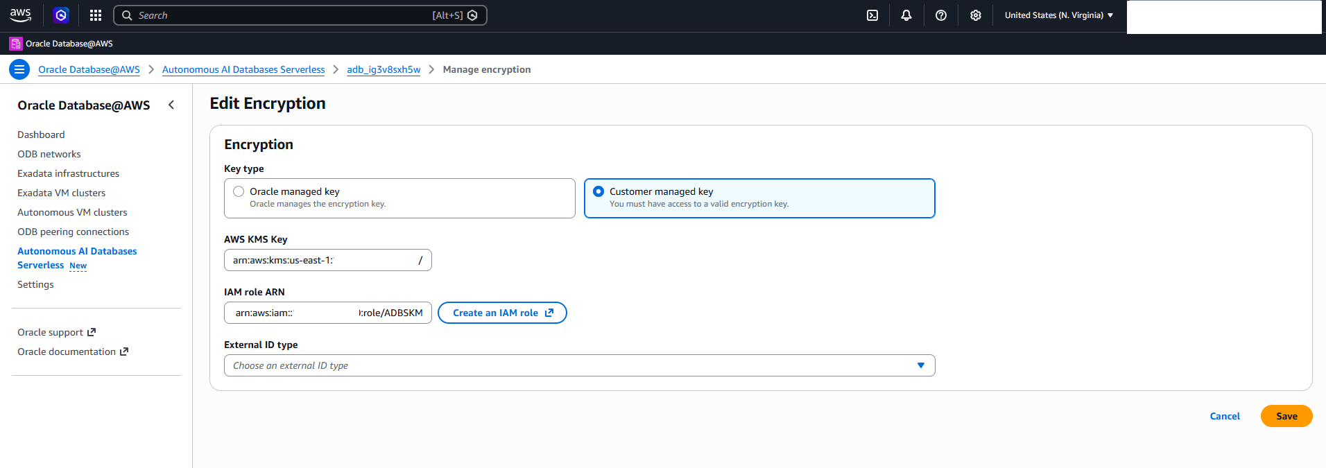 This screenshot shows how to enable AWS KMS for the database.