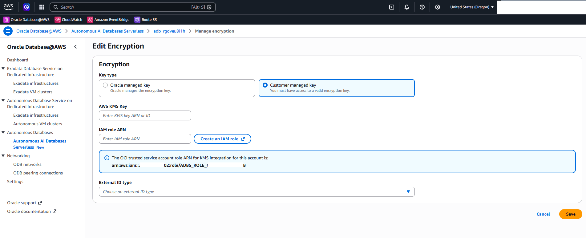 This screenshot shows how to obtain the OCI Trusted Service Account Role ARN.