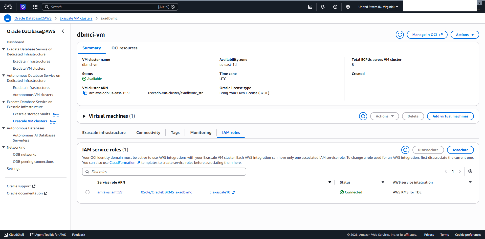 This screenshot shows how to verify if the role is associated to Exascale VM Cluster.