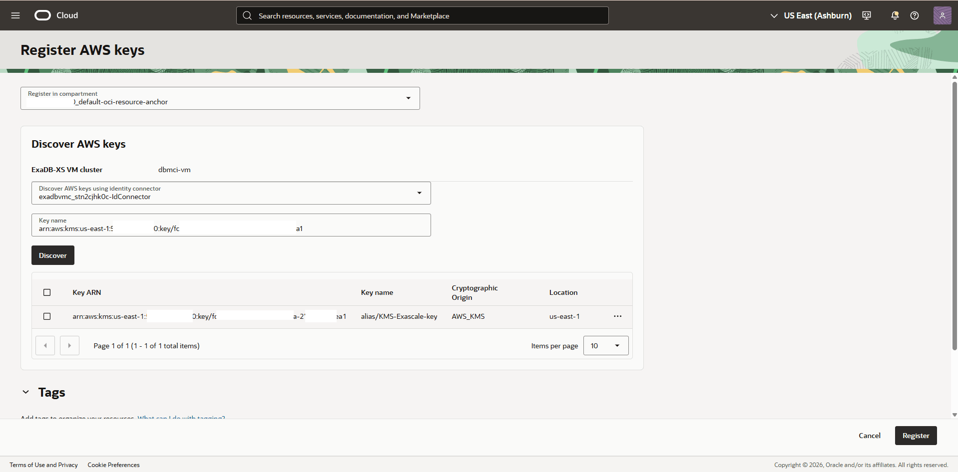 This screenshot shows how to register AWS keys.