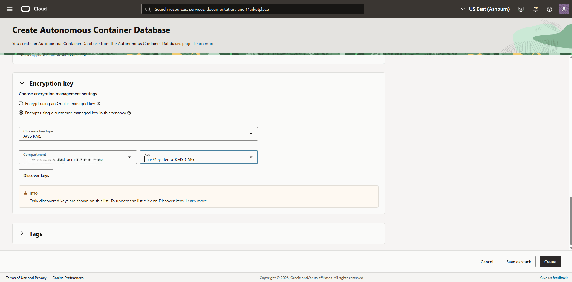 This screenshot shows how to use AWS KMS as the key management solution during database creation.