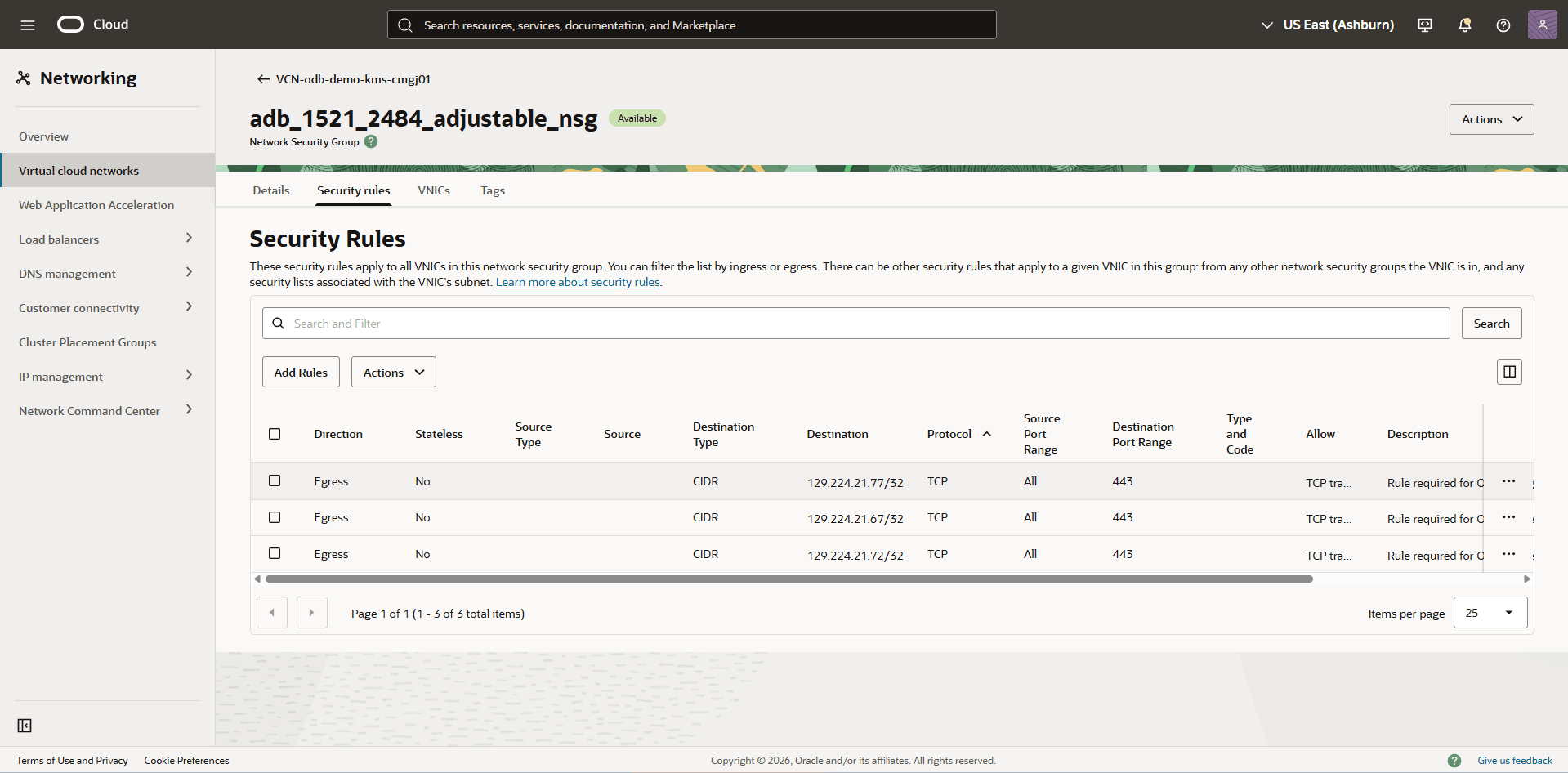 This screenshot shows how to view Security Rules.