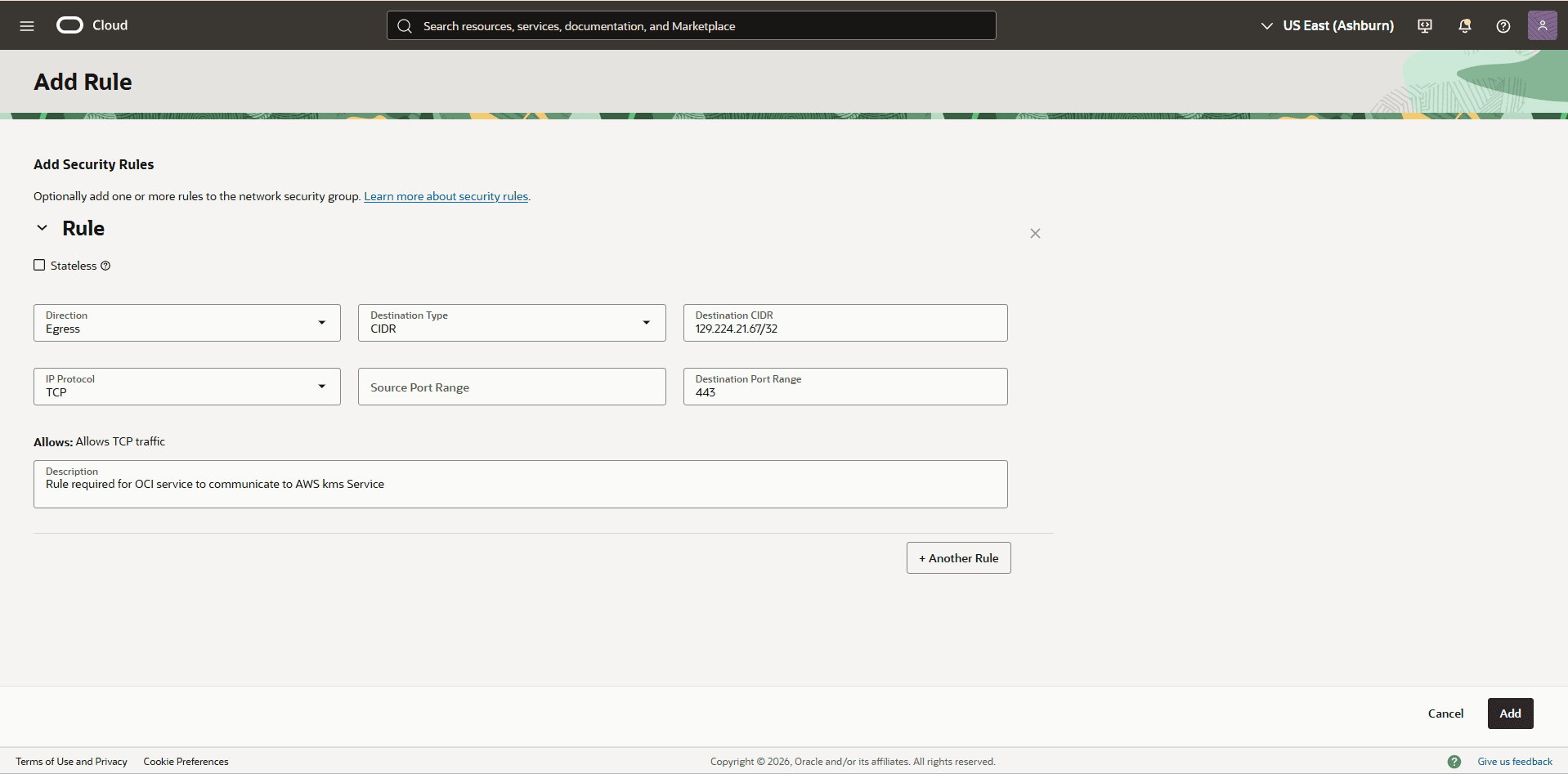 This screenshot shows how to create a security rule.