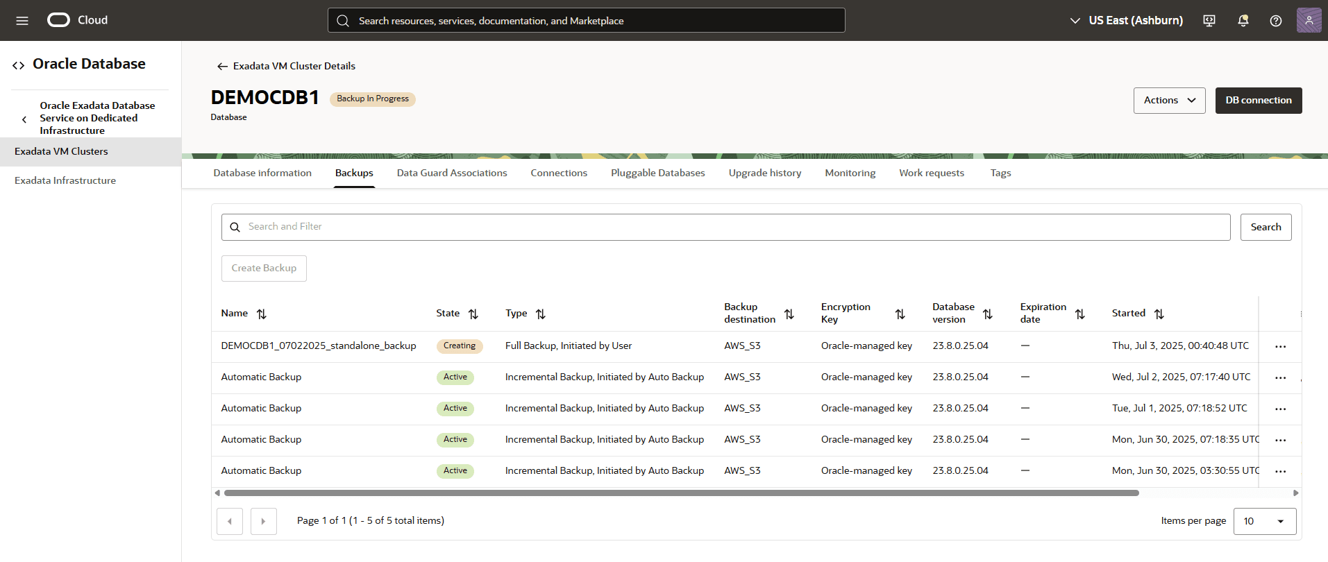 This screenshot shows the status of the manual backup which is in Backup in Progress.