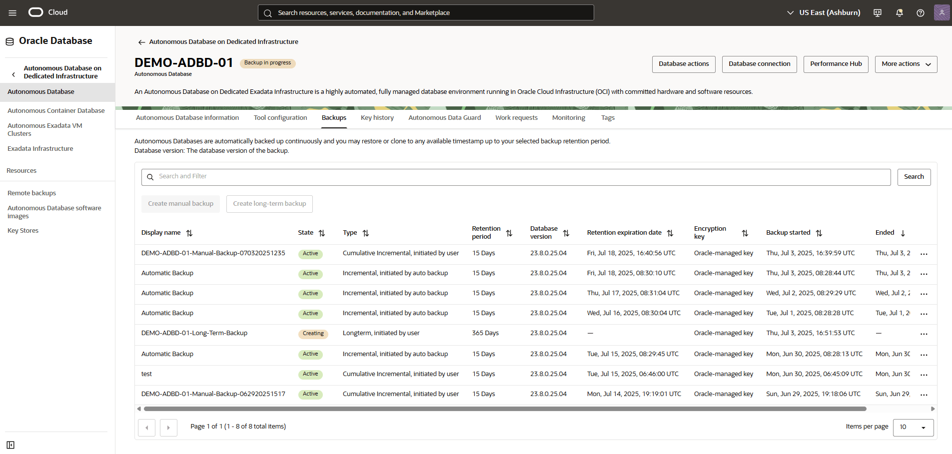This screenshot shows the long-term backup of Autonomous AI Database