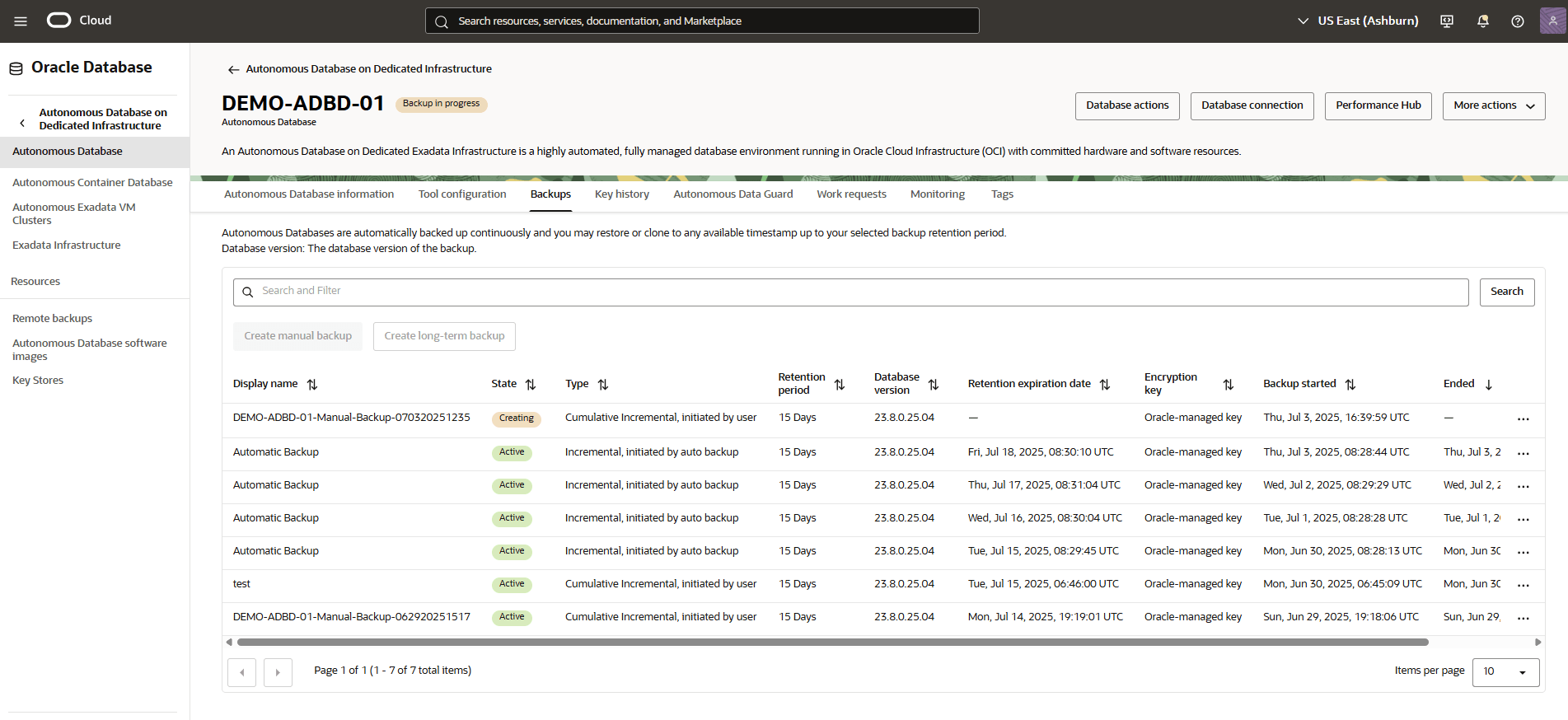 This screenshot shows the manual backup of Autonomous AI Database.