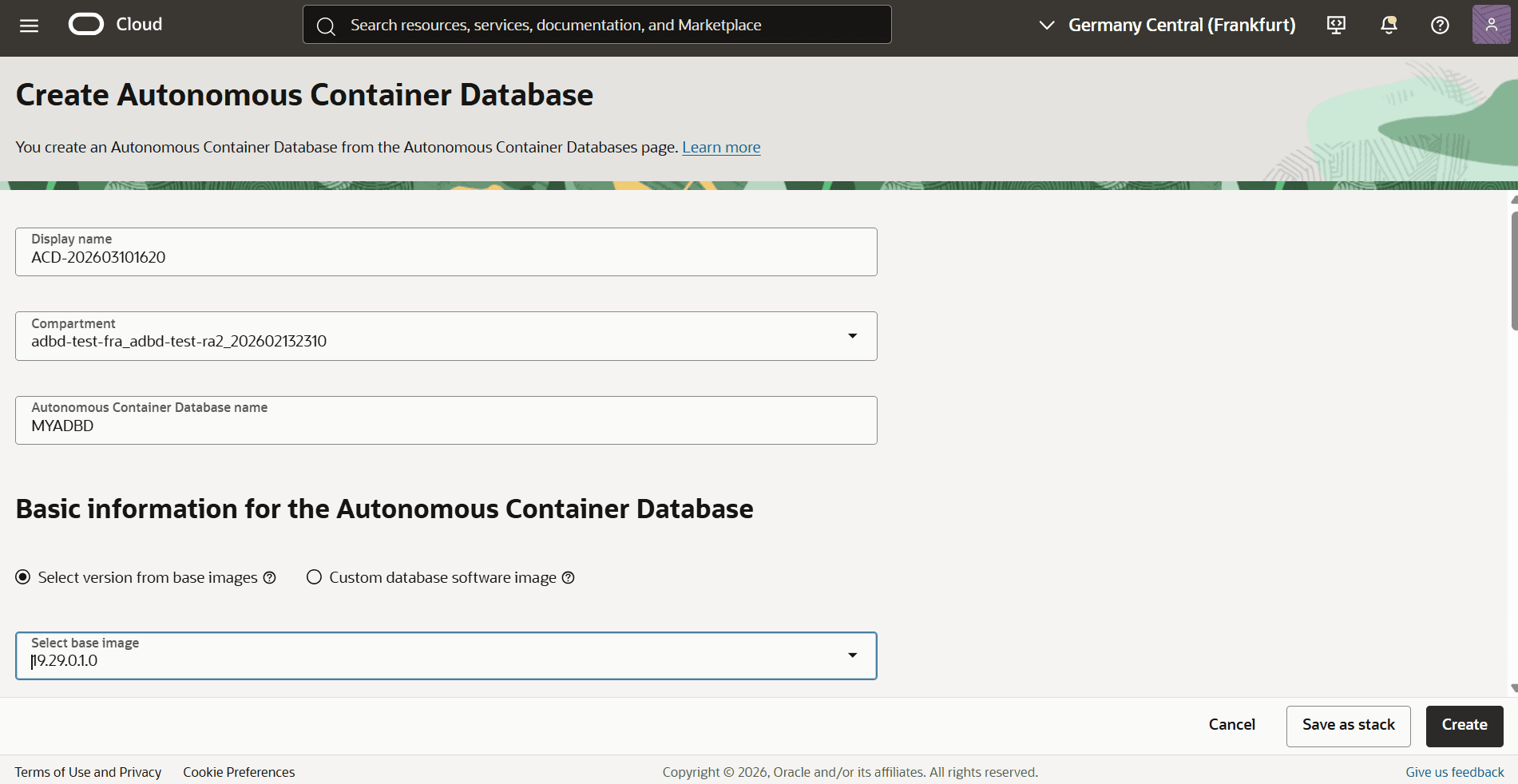 This screenshot shows how to create an Autonomous Container Database.