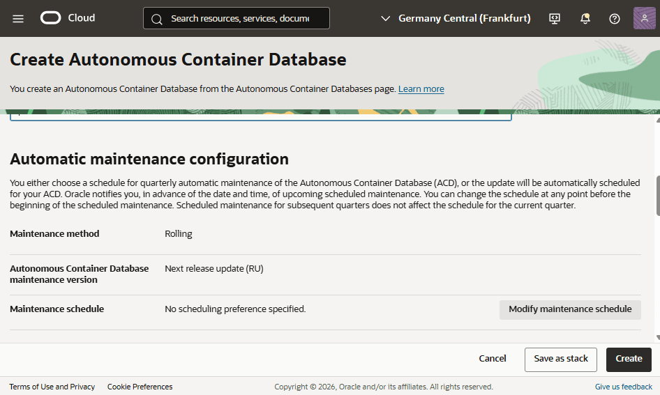 This screenshot shows how to create an Autonomous Container Database.