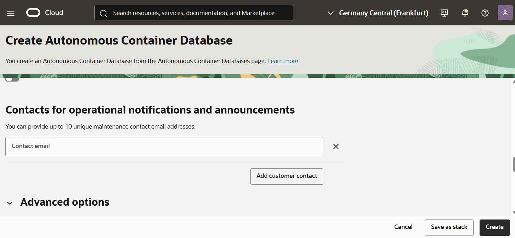 This screenshot shows how to create an Autonomous Container Database.