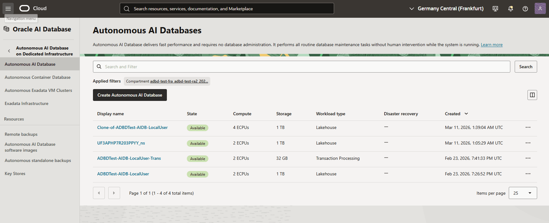 This screenshot shows how to create an Autonomous AI Database.