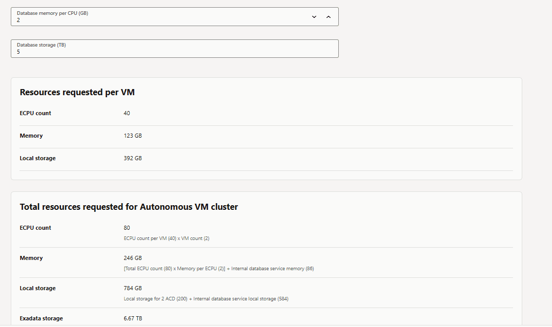 This screenshot shows how to create an Autonomous Exadata VM Cluster.