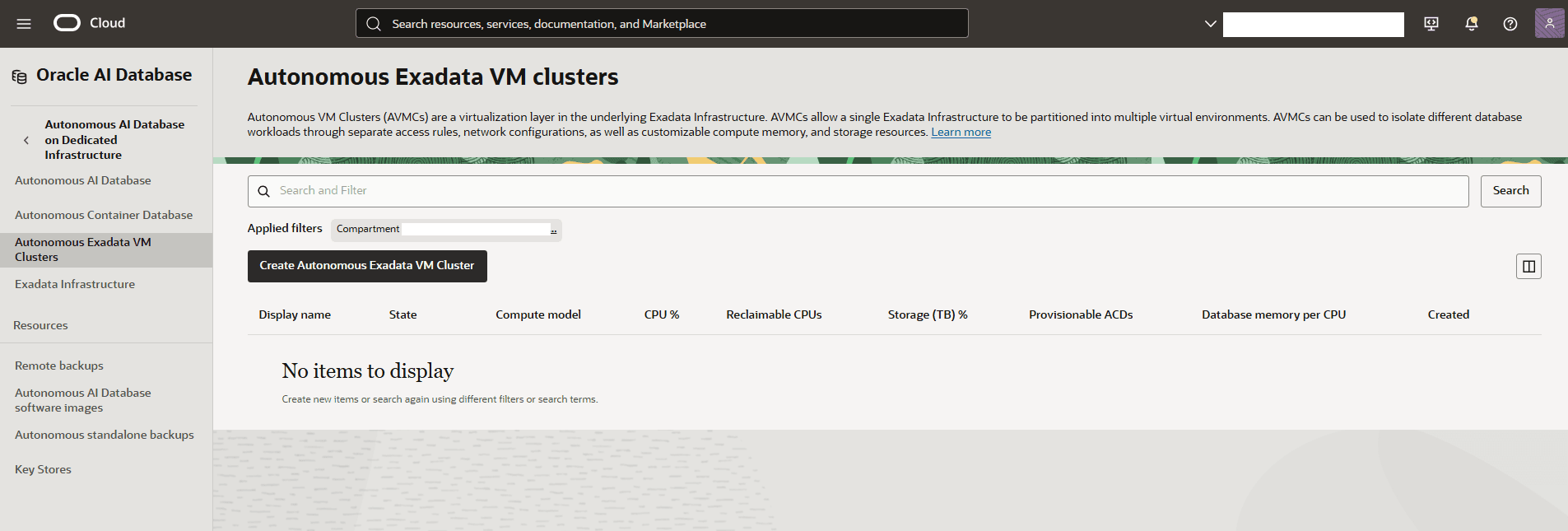 This screenshot shows how to create an Autonomous Exadata VM Cluster.