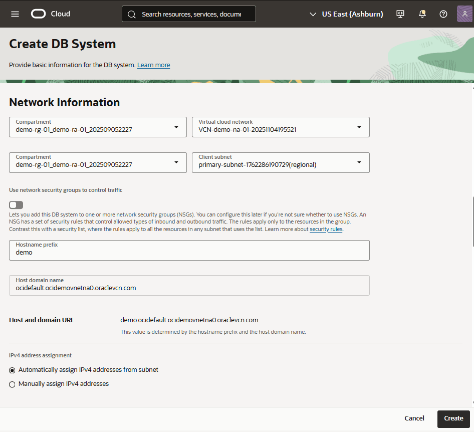 This screenshot shows how to create a Base Database from the OCI console.