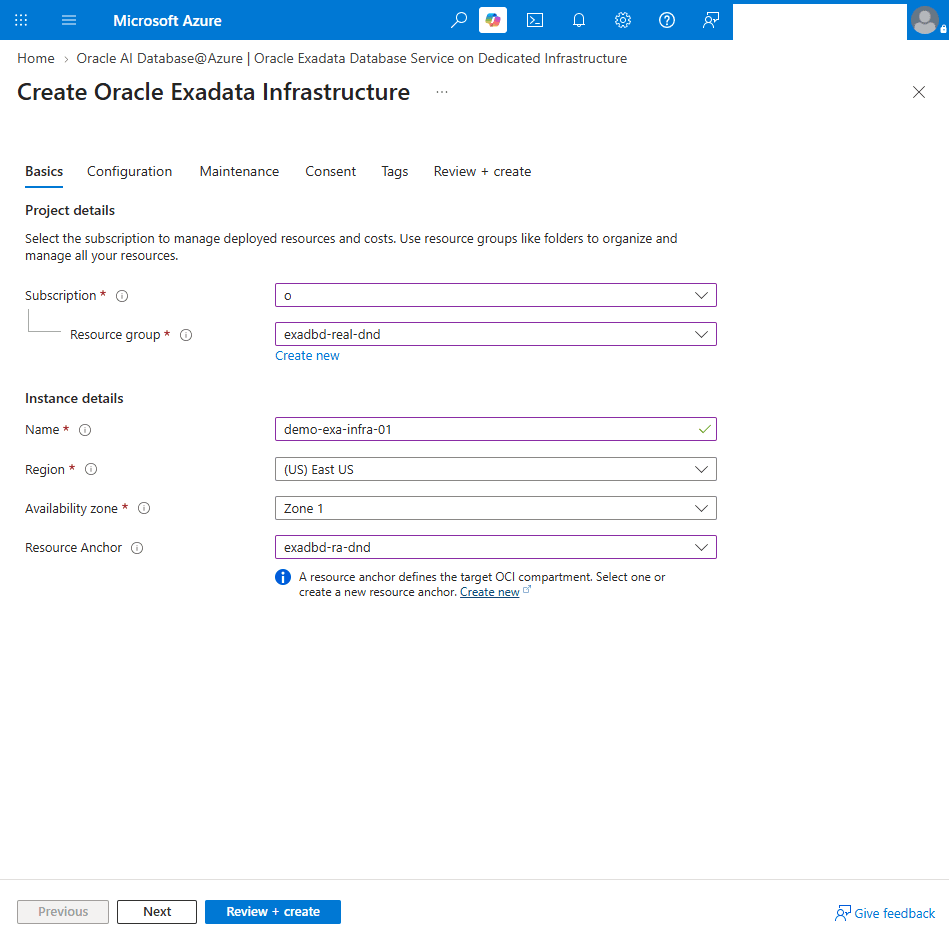 This screenshot shows how to create an Exadata Infrastructure.