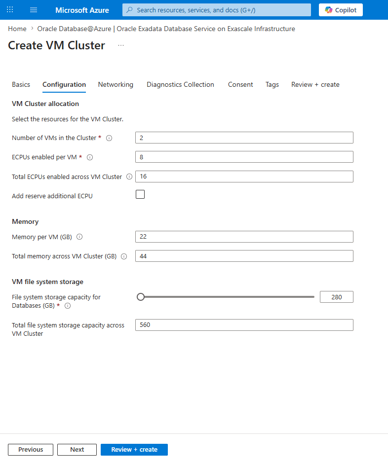 This screenshot shows the second part of creating an Exascale VM Cluster.