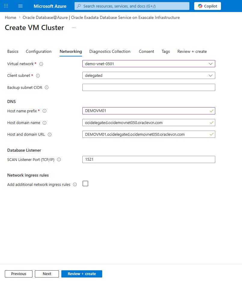 This screenshot shows the third part of creating an Exascale VM Cluster.